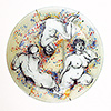 A clear glass plate painted with three life studies figures plus red, gold and blue 'speckles'.