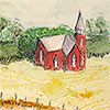 A red church surrounded on three sides by corn fieds and backed by a small forested area.